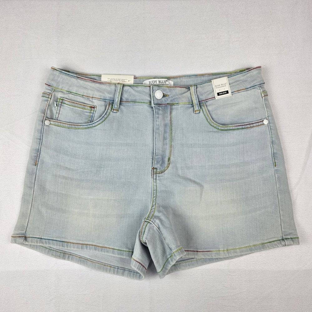 Judy Blue Shorts Womens Size XL Mid Waist Light Wash Rainbow Stitching Denim New